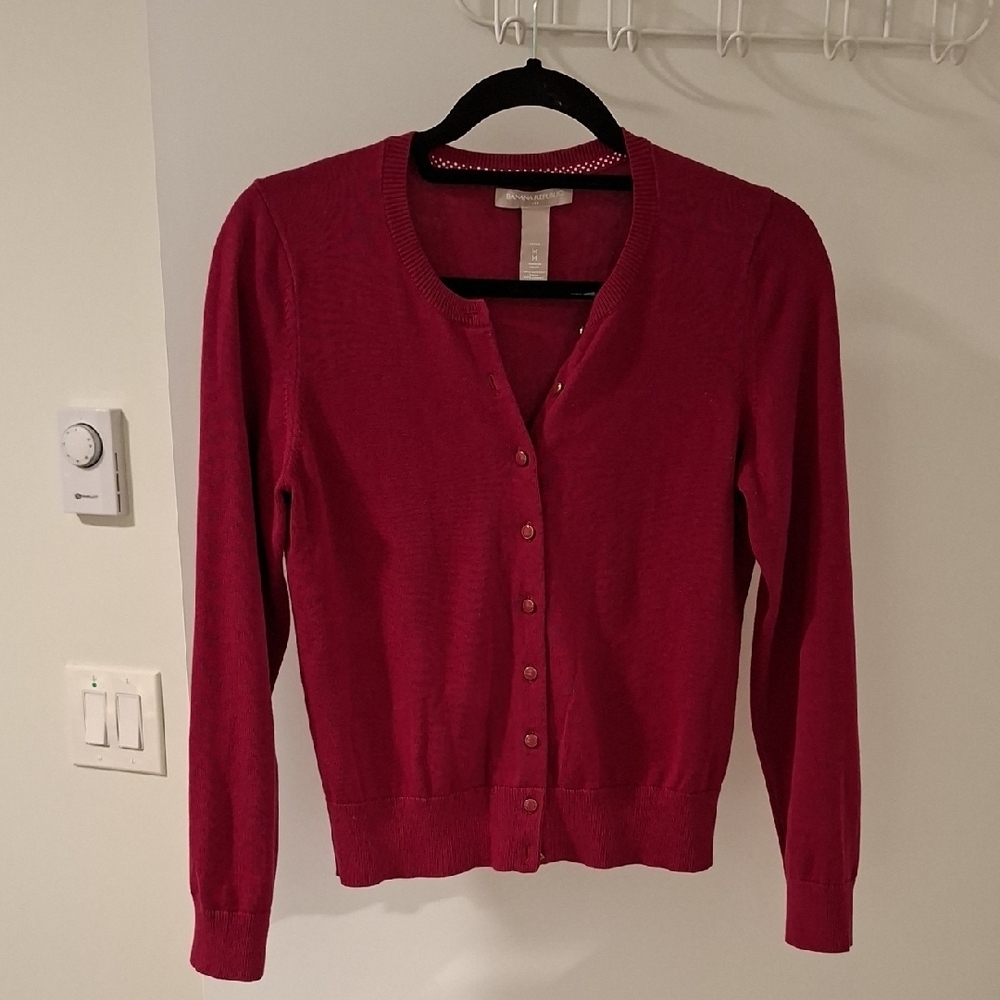 Banana Republic Women's Pink Crewneck Cardigan with Gold Buttons (Size MP)